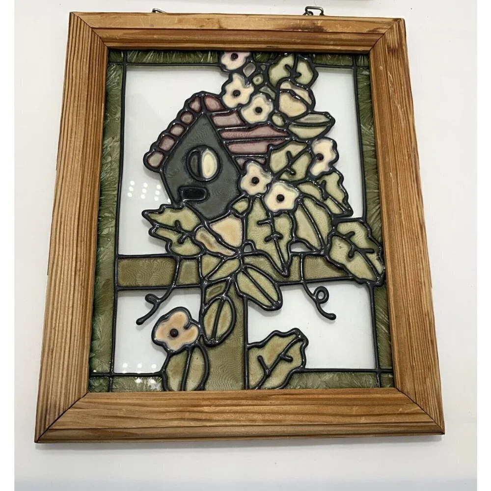 Wood Framed Vibrant Birdhouse & Flowers Stained Glass Wall Art 11.5x9.5 Vintage
